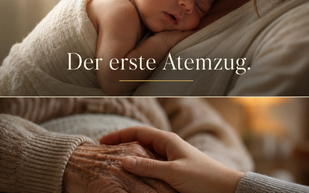 Karussell mit acht ruhigen Fotomotiven zu Lebensphasen und Übergängen. Zu sehen sind Geburt, Halt, Loslassen, Schlaf, Licht, Zeit, Türen und ein abschließender Weg durchs Leben mit einer Schlusskarte von AM HORIZONT und www.amhorizont.com