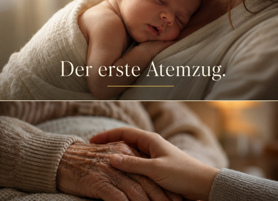 Karussell mit acht ruhigen Fotomotiven zu Lebensphasen und Übergängen. Zu sehen sind Geburt, Halt, Loslassen, Schlaf, Licht, Zeit, Türen und ein abschließender Weg durchs Leben mit einer Schlusskarte von AM HORIZONT und www.amhorizont.com