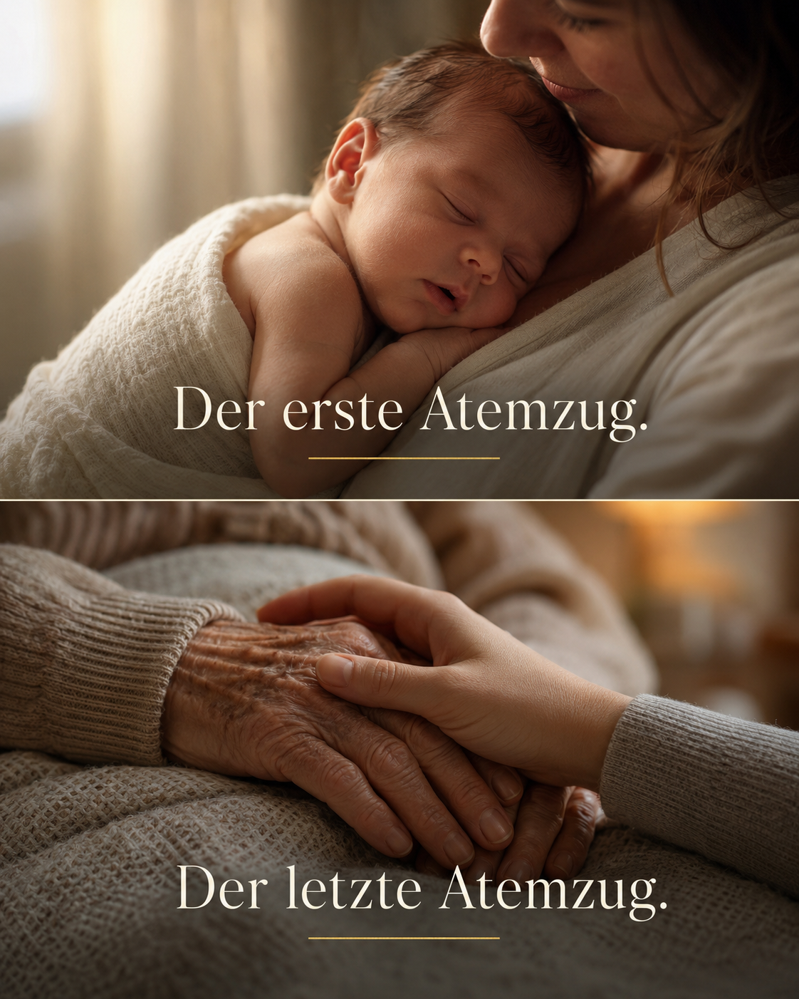 Karussell mit acht ruhigen Fotomotiven zu Lebensphasen und Übergängen. Zu sehen sind Geburt, Halt, Loslassen, Schlaf, Licht, Zeit, Türen und ein abschließender Weg durchs Leben mit einer Schlusskarte von AM HORIZONT und www.amhorizont.com