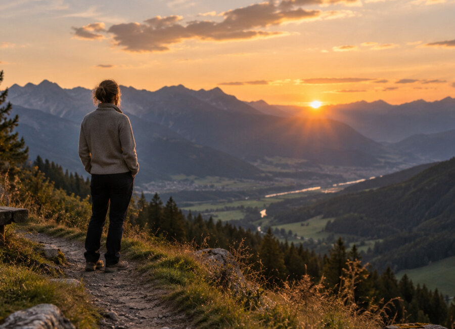 Eine Person steht auf einem alpinen Weg und blickt im Abendlicht über ein weites Tal und die Berge.