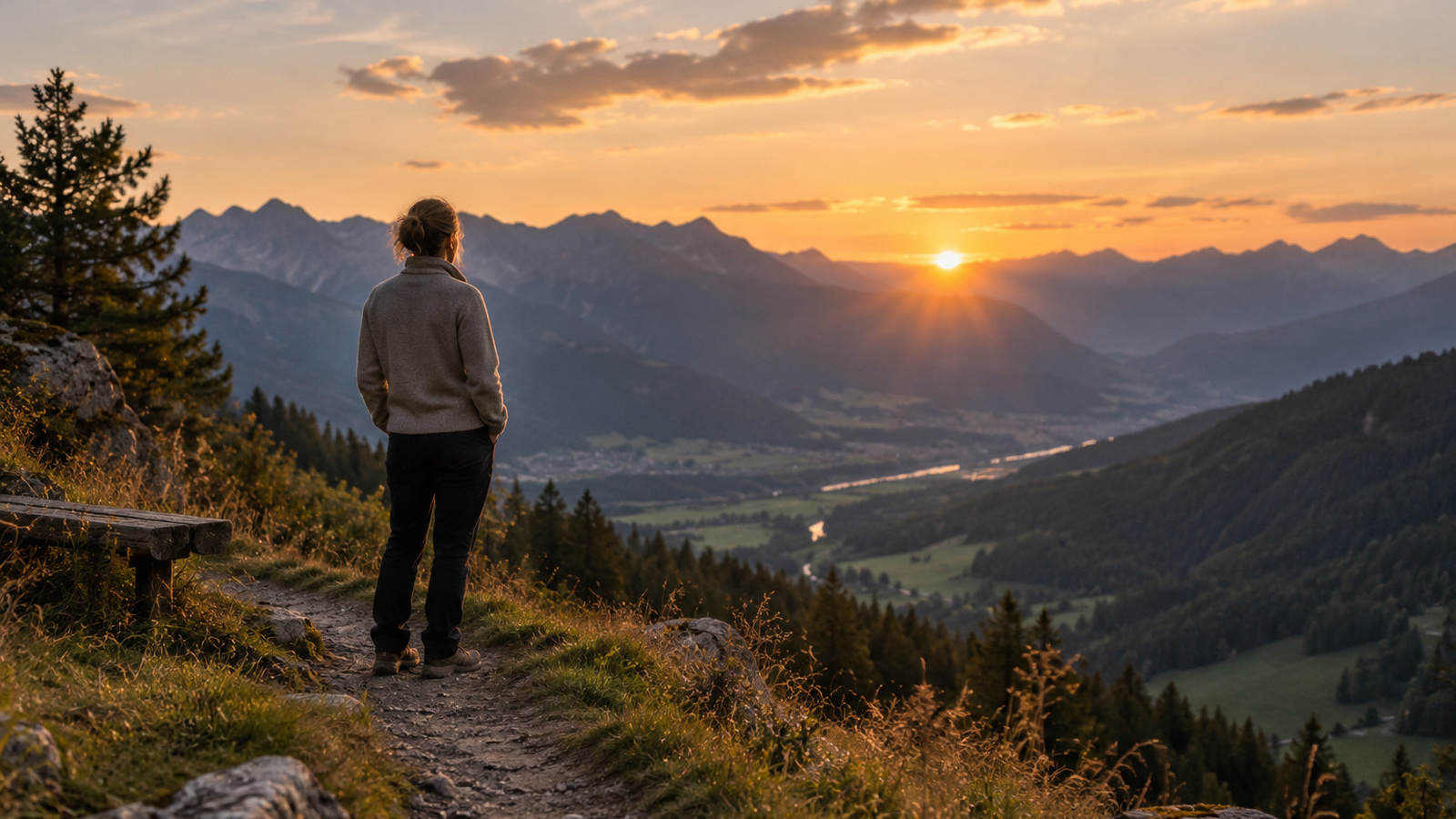 Eine Person steht auf einem alpinen Weg und blickt im Abendlicht über ein weites Tal und die Berge.