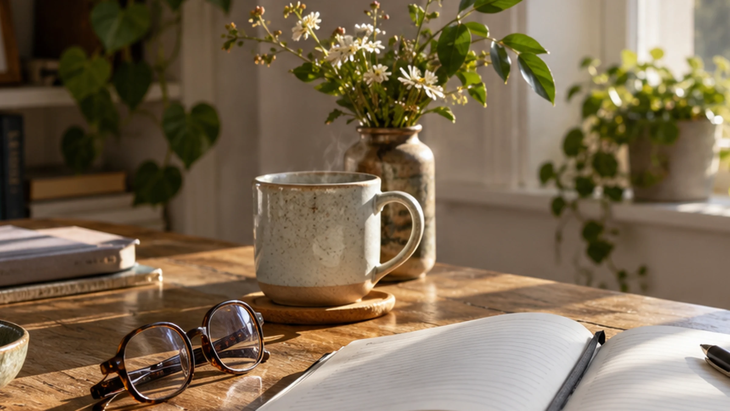 Alltagsdetail mit Blumen und Tisch im weichen Tageslicht.