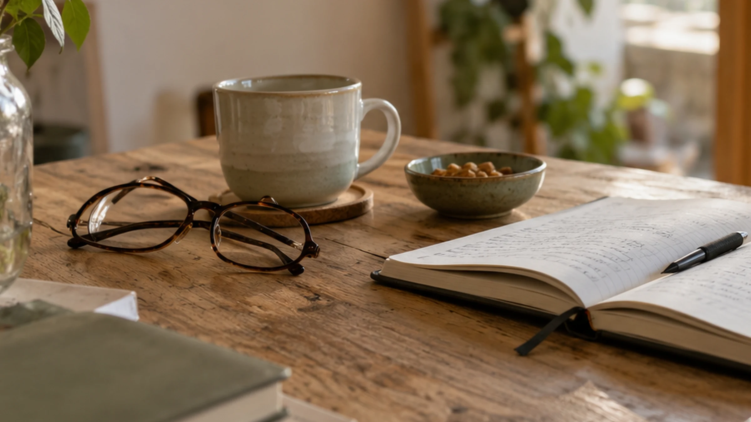 Tasse und Holzoberflaeche im Tageslicht als ruhiges Alltagsdetail.