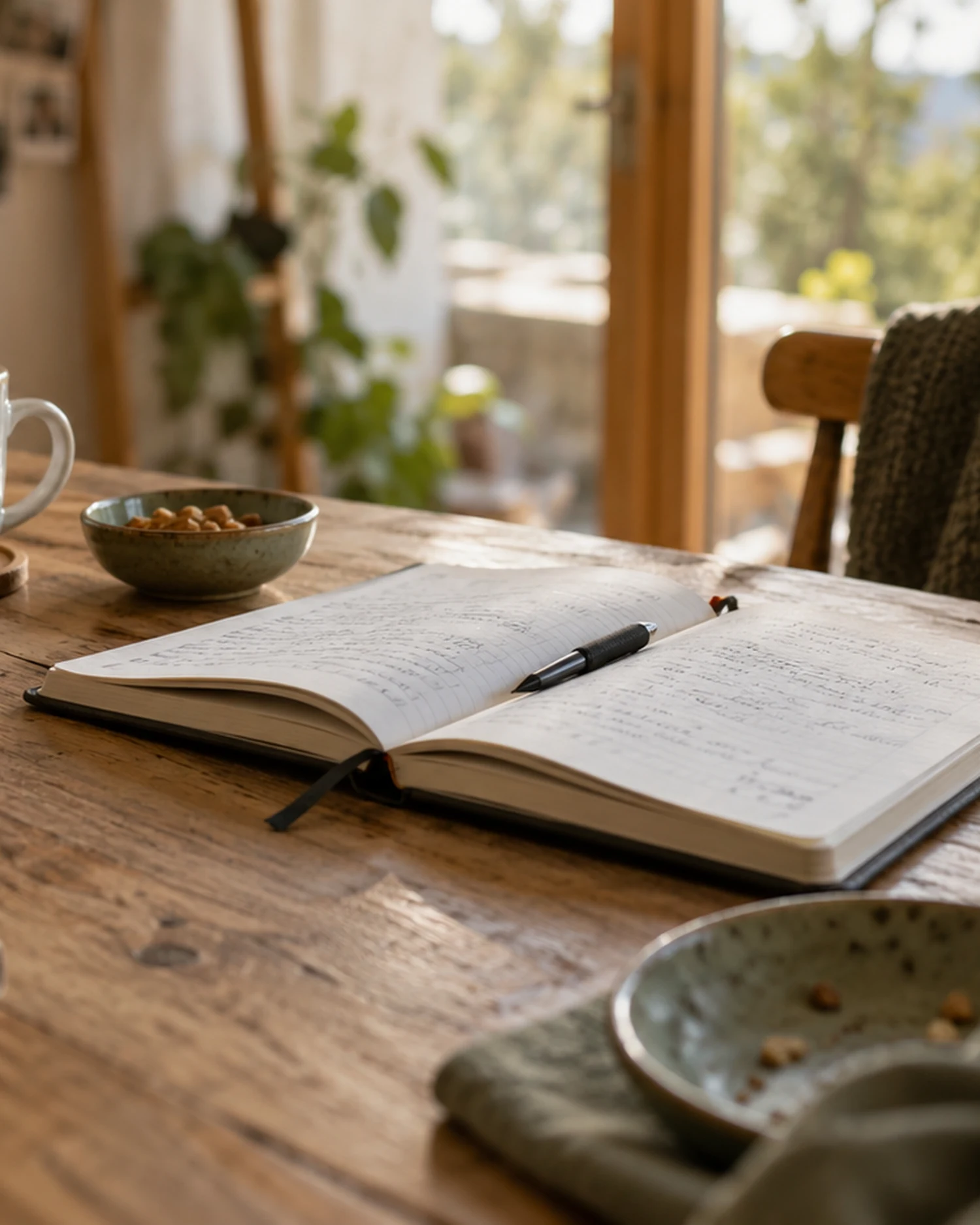 Offenes Notizbuch und Tasse als ruhiges Symbol fuer Orientierung und Klarheit.
