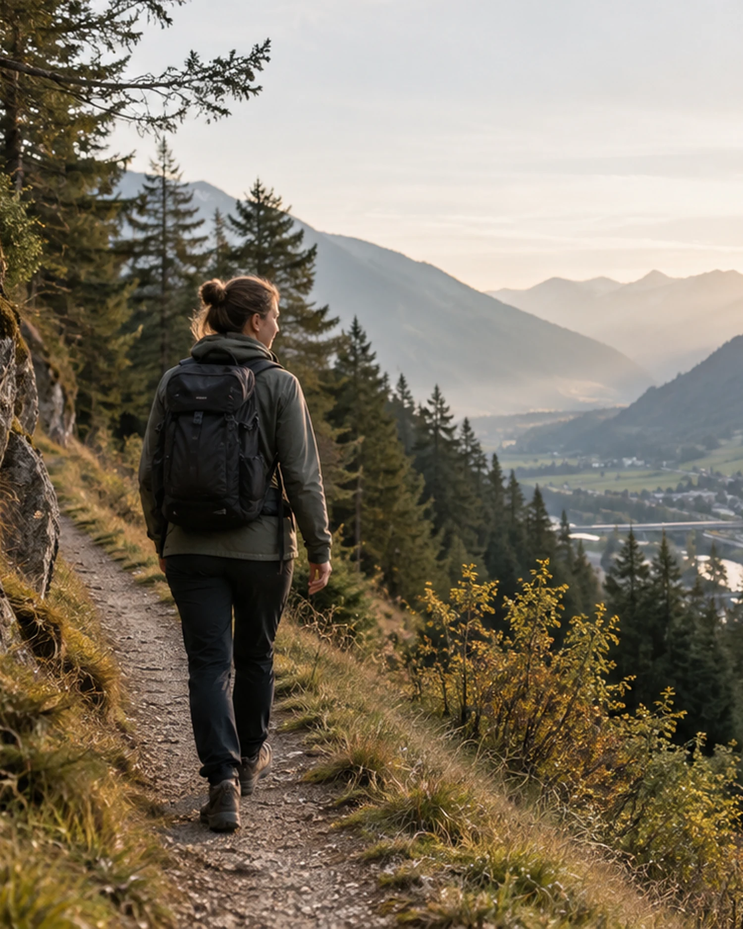 Person auf einem alpinen Weg mit Blick ins Tal als Symbol fuer Orientierung.