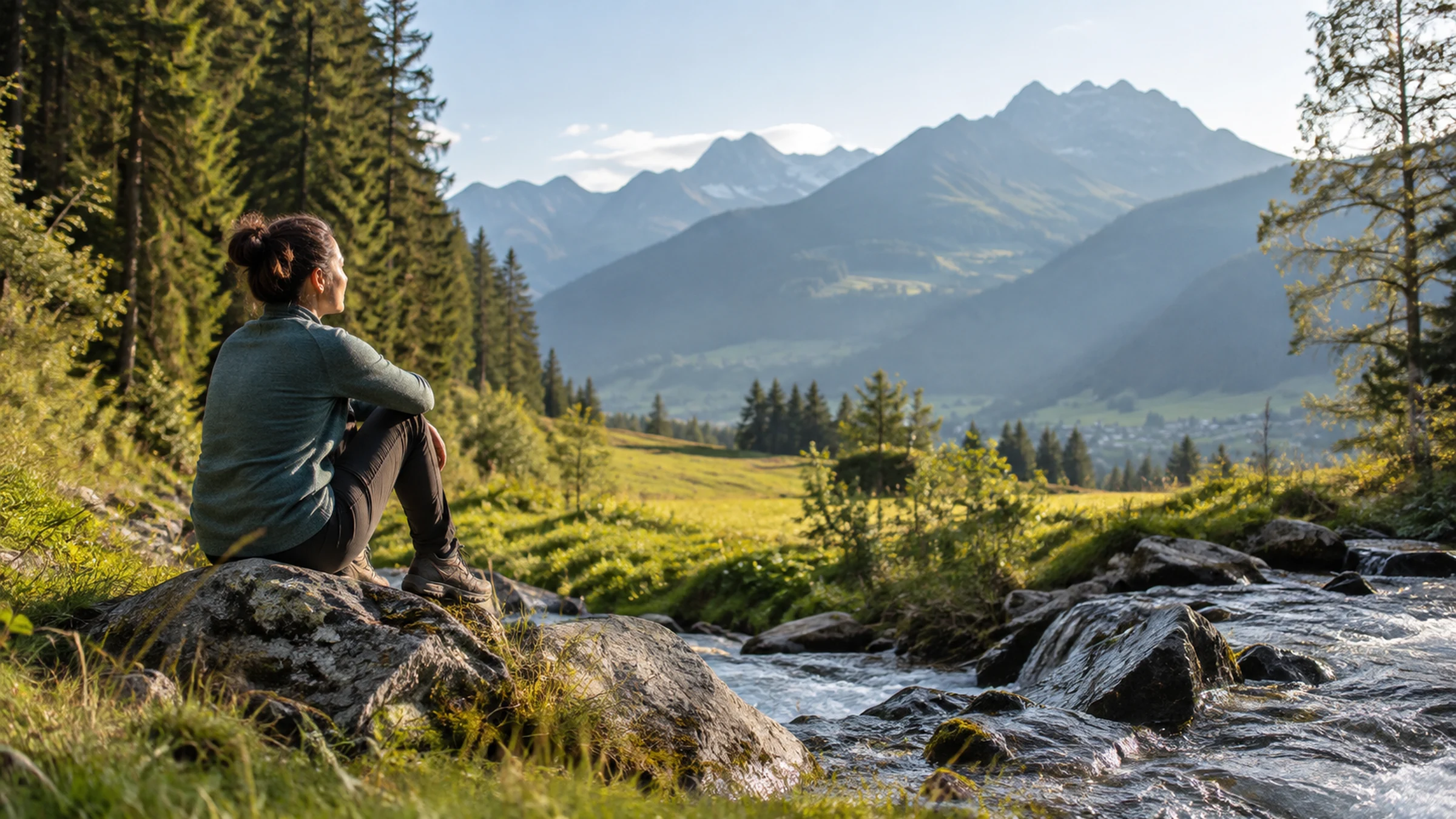Person an einem Bach in alpiner Umgebung als ruhiges Bild fuer Abstand und Perspektive.