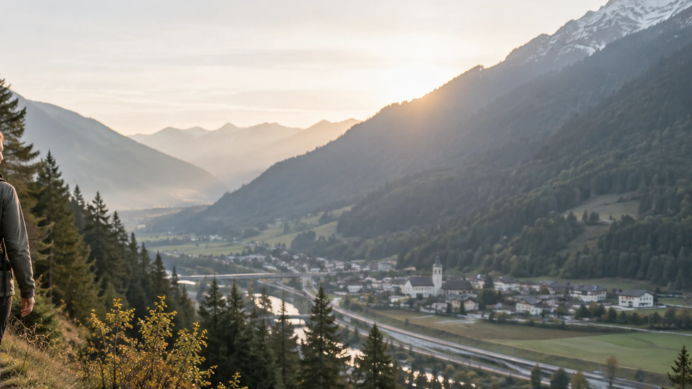 Weite im alpinen Tal mit weichem Licht als Symbol fuer Orientierung und Perspektive.