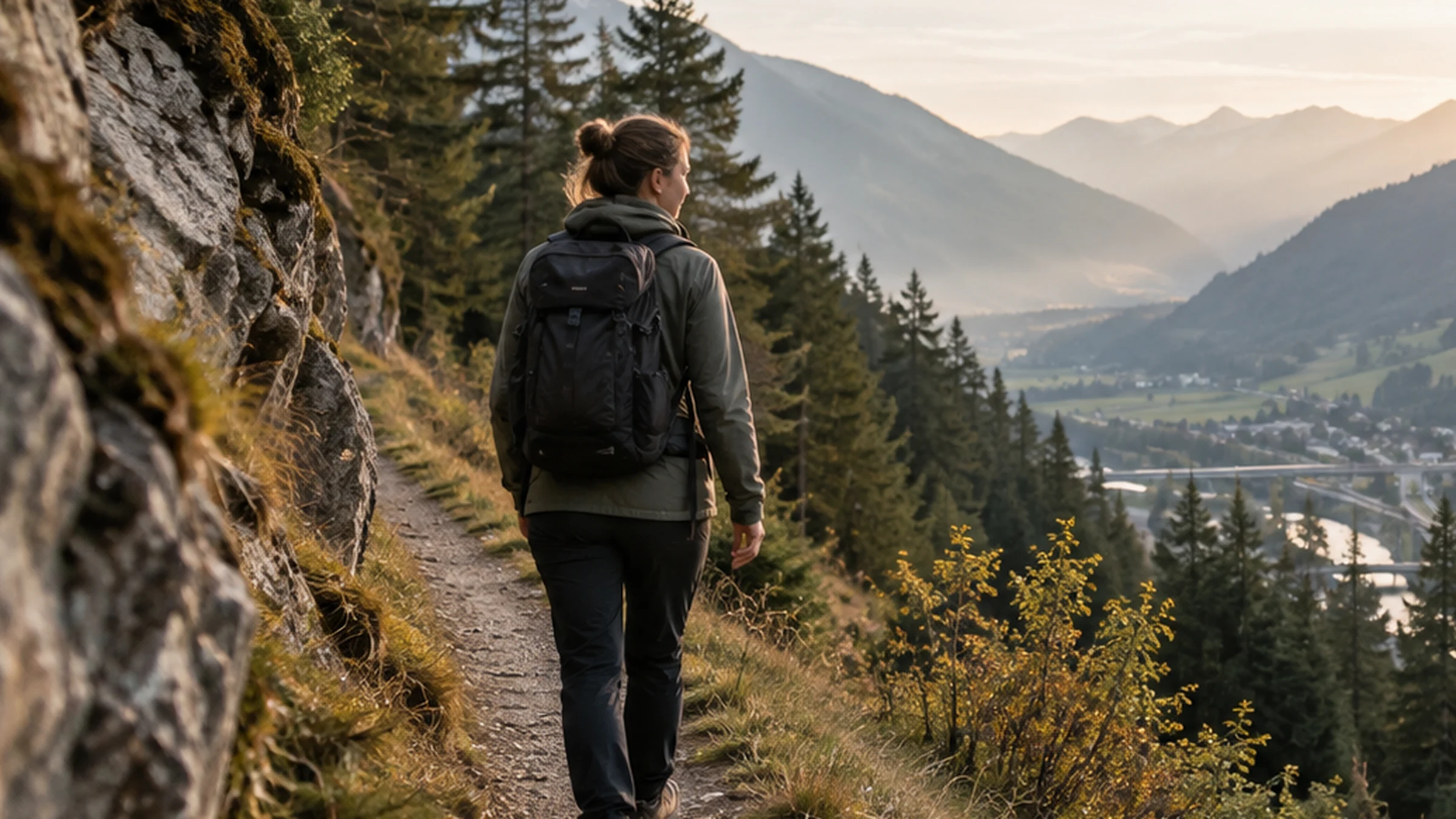 Waldweg in alpiner Umgebung als Symbol fuer Entwicklung und Orientierung.
